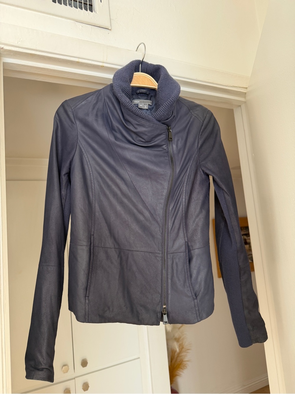 VINCE Navy Leather Asymmetrical Zip Jacket